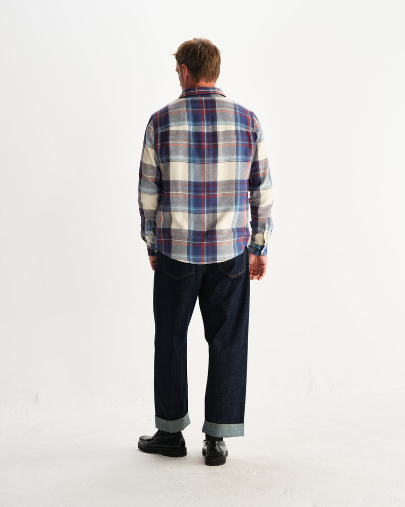 wax london men's Shelly - Blue And Multicolour Check Flannel Shirt