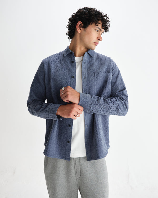 wax london men's Shelly - Blue Seersucker Corduroy Shirt
