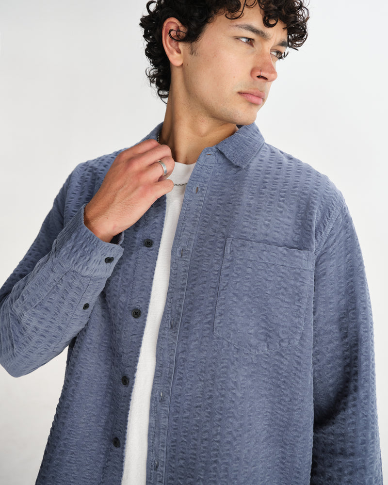 wax london men's Shelly - Blue Seersucker Corduroy Shirt