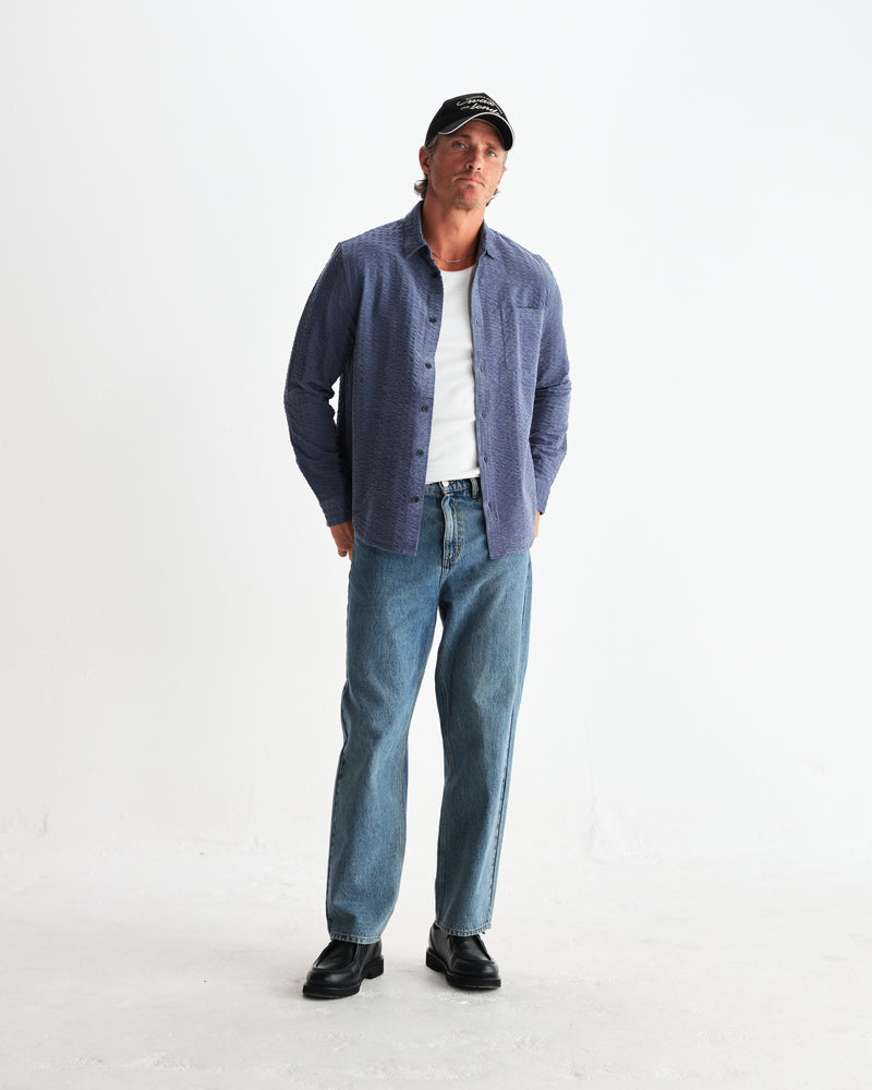 wax london men's Shelly - Blue Seersucker Corduroy Shirt