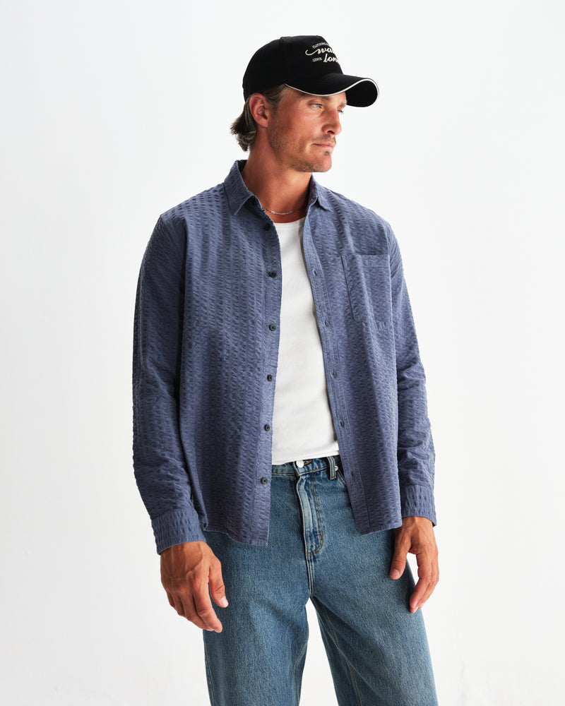 wax london men's Shelly - Blue Seersucker Corduroy Shirt