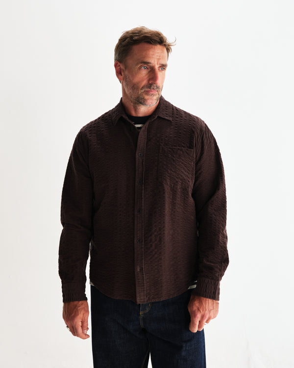 wax london men's Shelly - Dark Brown Seersucker Corduroy Shirt