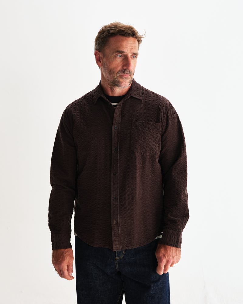 wax london men's Shelly - Dark Brown Seersucker Corduroy Shirt