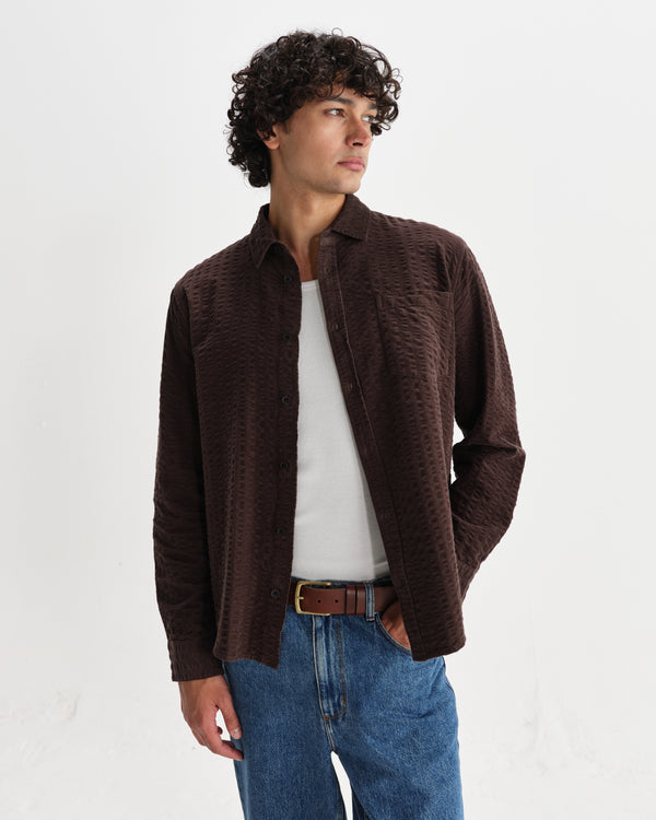 wax london men's Shelly - Dark Brown Seersucker Corduroy Shirt