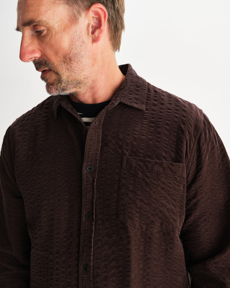 wax london men's Shelly - Dark Brown Seersucker Corduroy Shirt