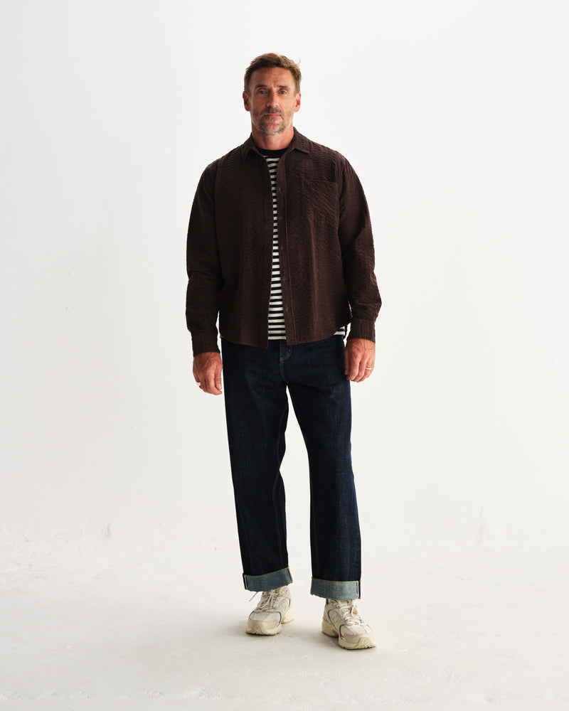 wax london men's Shelly - Dark Brown Seersucker Corduroy Shirt