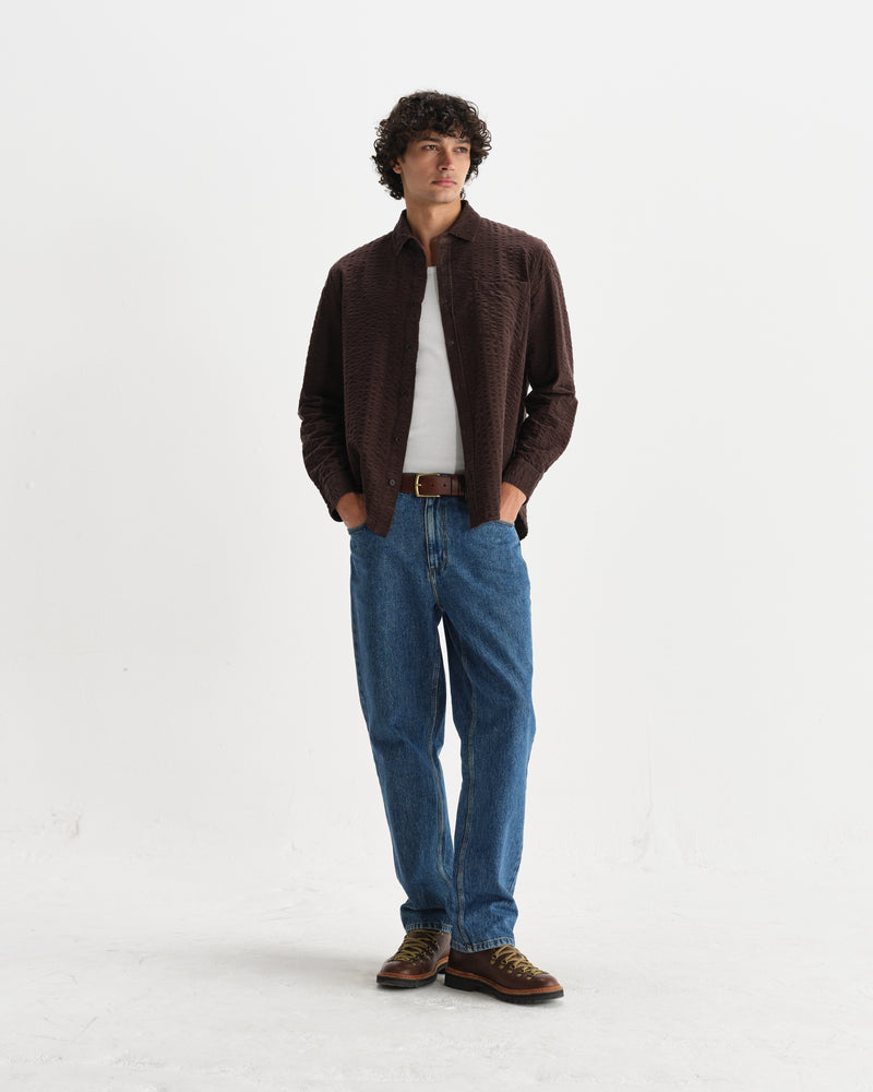 wax london men's Shelly - Dark Brown Seersucker Corduroy Shirt