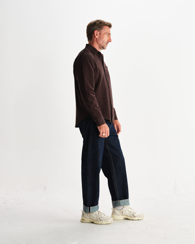 wax london men's Shelly - Dark Brown Seersucker Corduroy Shirt