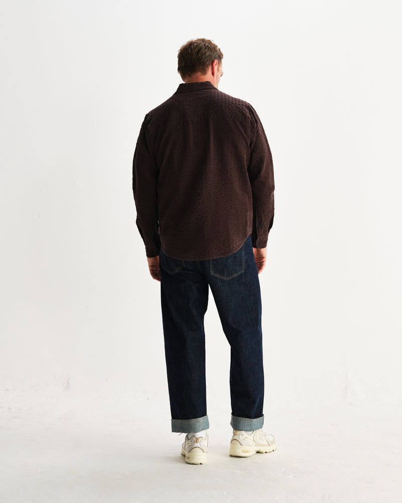 wax london men's Shelly - Dark Brown Seersucker Corduroy Shirt