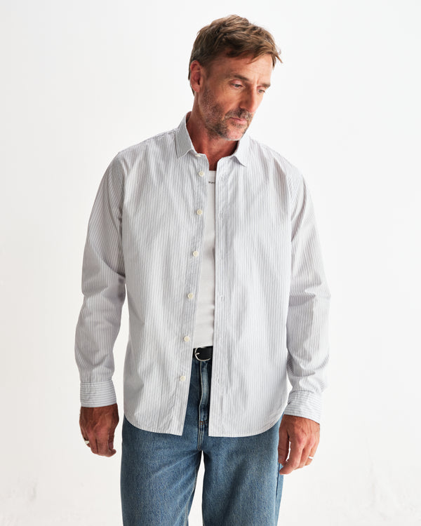 wax london men's Shelly - Ecru And Blue Fine Stripe Poplin Shirt