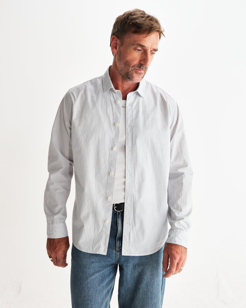 wax london men's Shelly - Ecru And Blue Fine Stripe Poplin Shirt