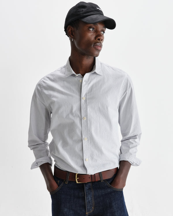 wax london men's Shelly - Ecru And Blue Fine Stripe Poplin Shirt