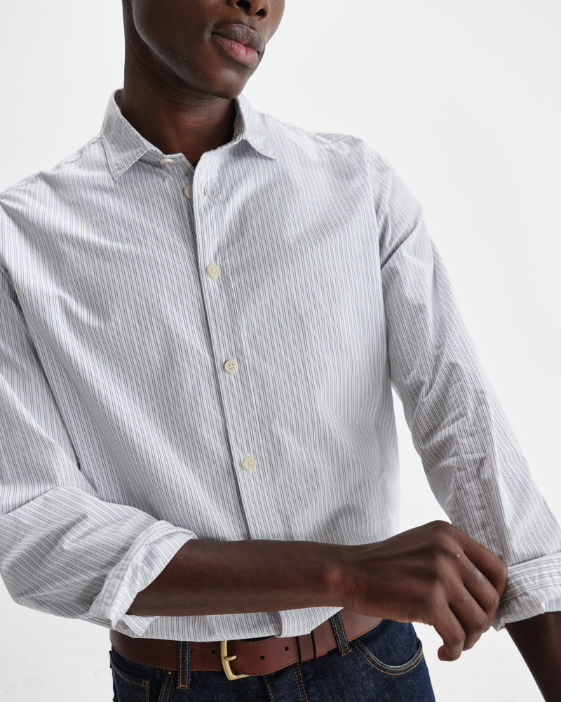 wax london men's Shelly - Ecru And Blue Fine Stripe Poplin Shirt
