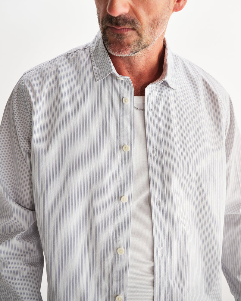 wax london men's Shelly - Ecru And Blue Fine Stripe Poplin Shirt