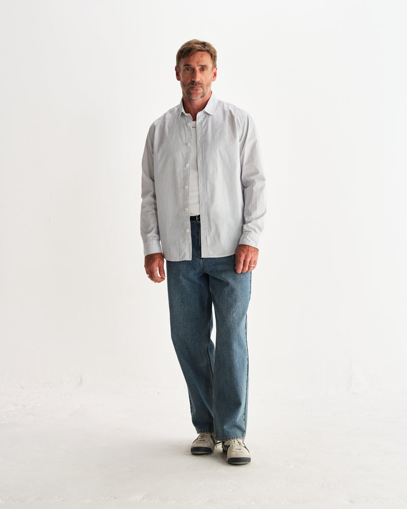 wax london men's Shelly - Ecru And Blue Fine Stripe Poplin Shirt