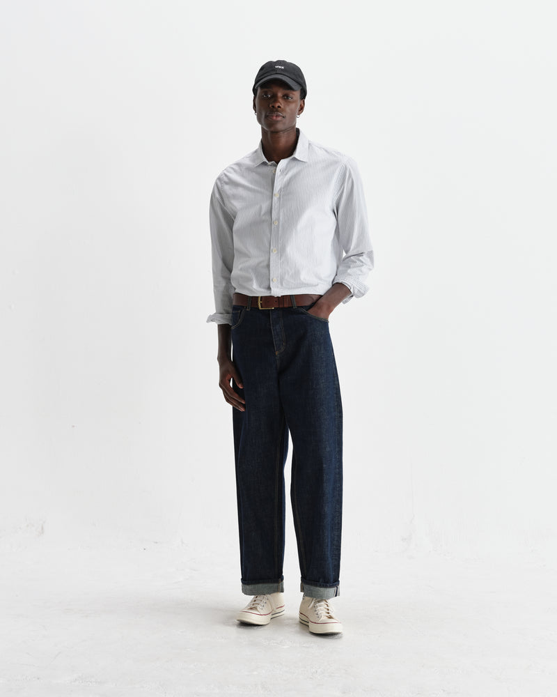 wax london men's Shelly - Ecru And Blue Fine Stripe Poplin Shirt