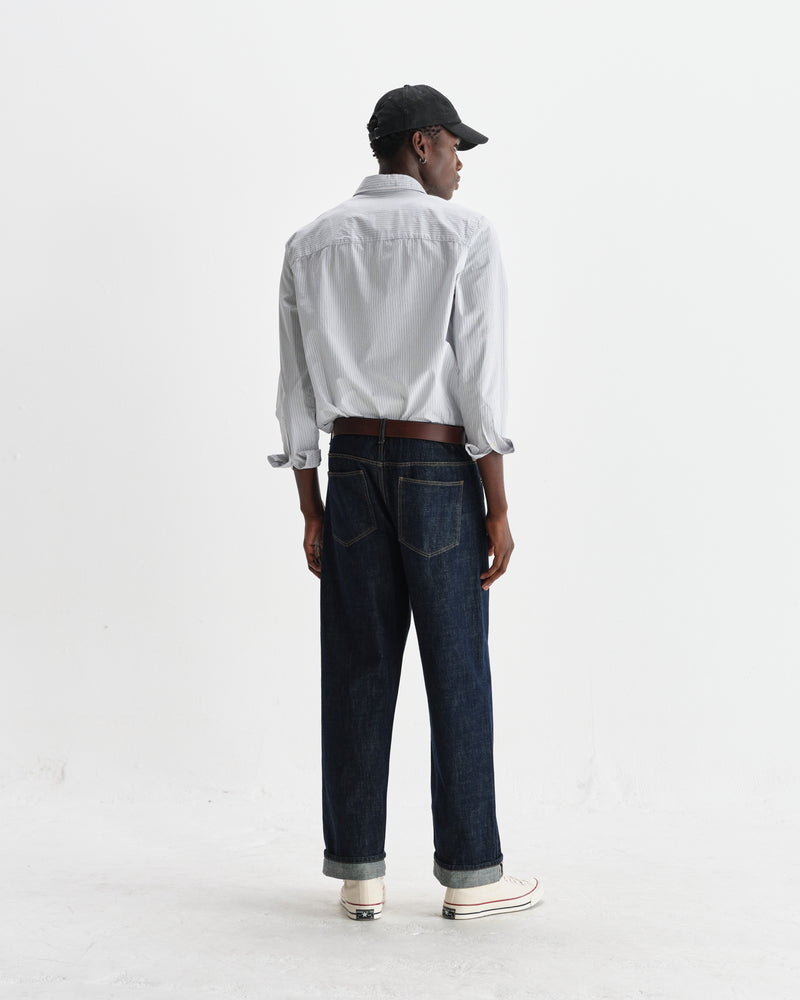 wax london men's Shelly - Ecru And Blue Fine Stripe Poplin Shirt