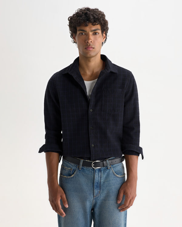 wax london men's Shelly - Navy And Black Check Dobby Cotton Shirt