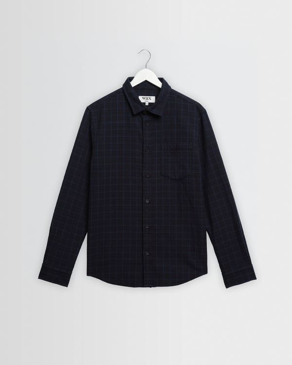 wax london men's Shelly - Navy And Black Check Dobby Cotton Shirt
