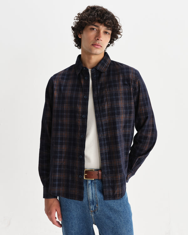 wax london men's Shelly - Navy And Multicolour Check Corduroy Shirt