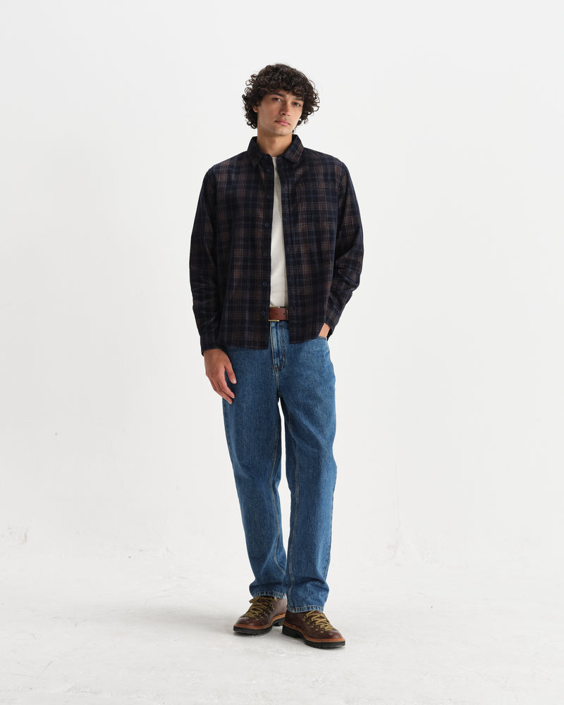 wax london men's Shelly - Navy And Multicolour Check Corduroy Shirt