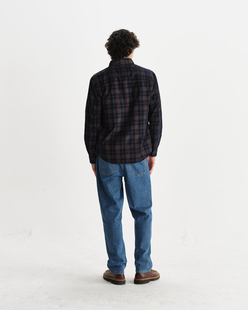 wax london men's Shelly - Navy And Multicolour Check Corduroy Shirt
