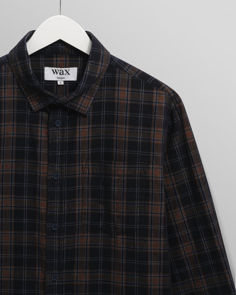 wax london men's Shelly - Navy And Multicolour Check Corduroy Shirt