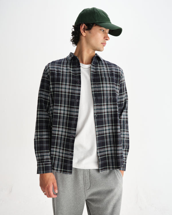 wax london men's Shelly - Navy And Multicolour Seersucker Flannel Shirt
