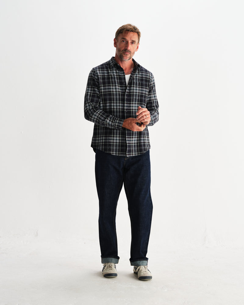 wax london men's Shelly - Navy And Multicolour Seersucker Flannel Shirt