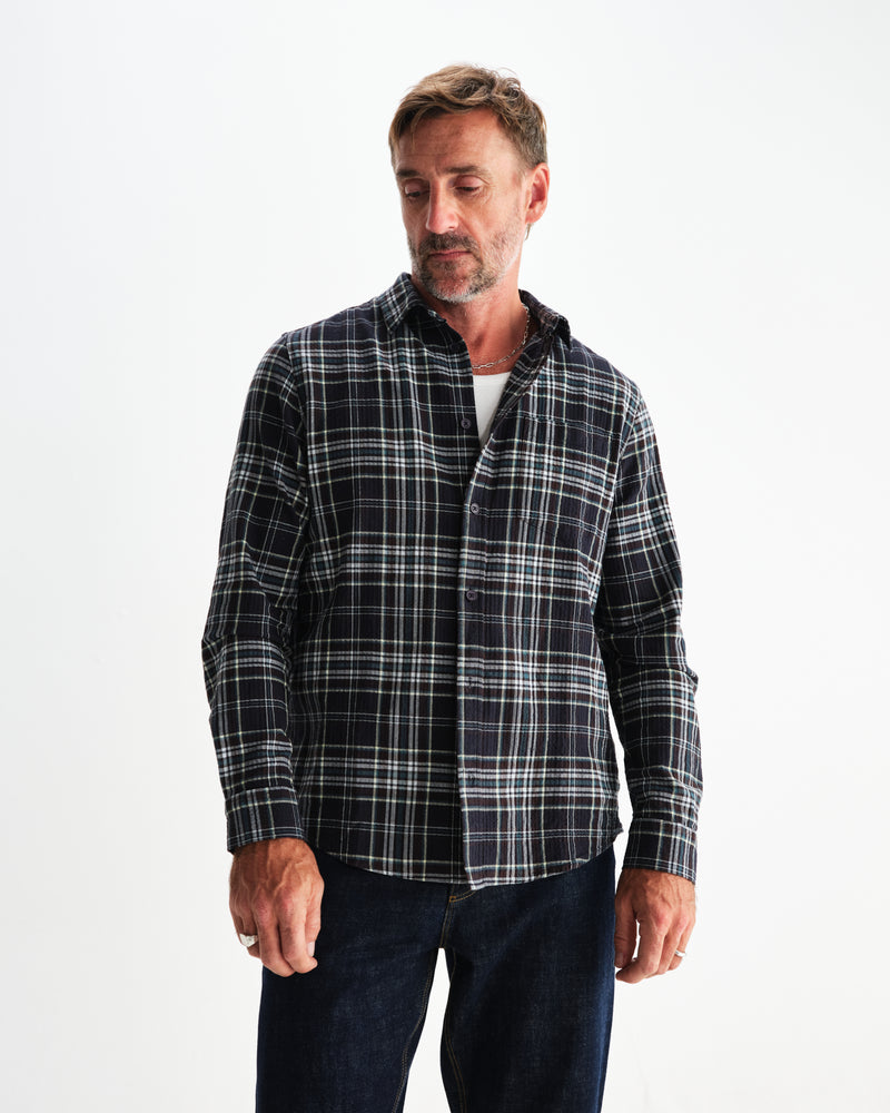wax london men's Shelly - Navy And Multicolour Seersucker Flannel Shirt