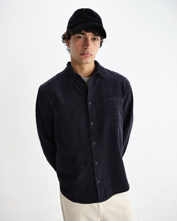 wax london men's Shelly - Navy Seersucker Corduroy Shirt