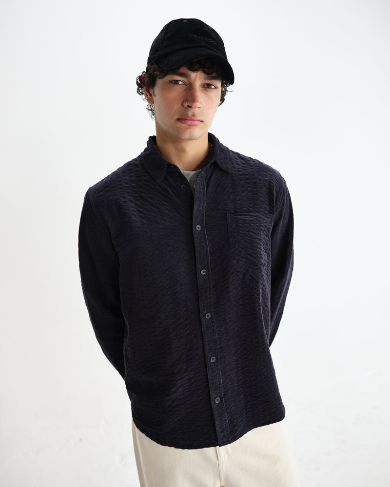 wax london men's Shelly - Navy Seersucker Corduroy Shirt