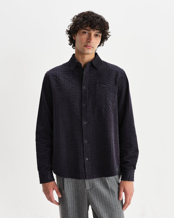 wax london men's Shelly - Navy Seersucker Corduroy Shirt