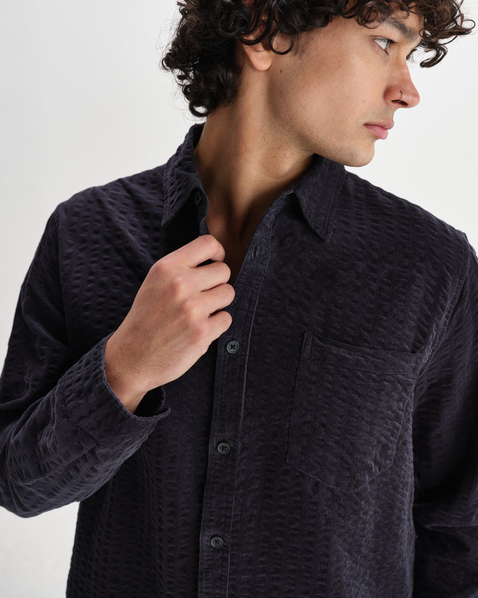Men's Navy Seersucker Corduroy Shirt | Wax London