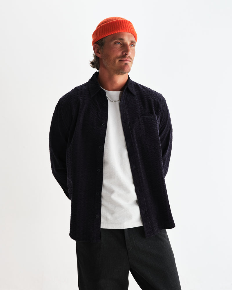 wax london men's Shelly - Navy Seersucker Corduroy Shirt