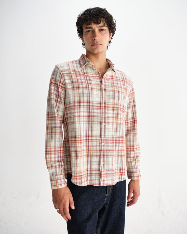 wax london men's Shelly - Rust And Multicolour Seersucker Flannel Shirt