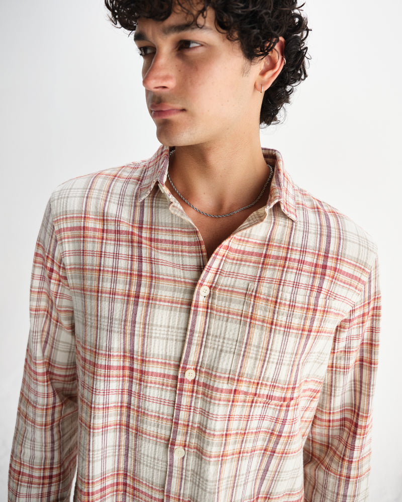 wax london men's Shelly - Rust And Multicolour Seersucker Flannel Shirt