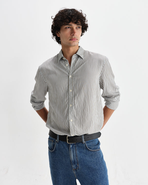 wax london men's Shelly - Sage Viscose Stripe Shirt