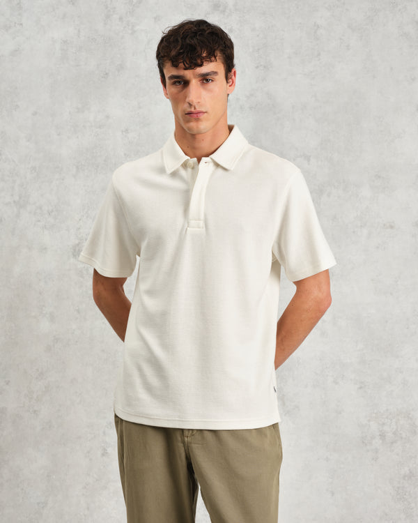 wax london Shore - Ecru Textured Organic Cotton Polo Shirt