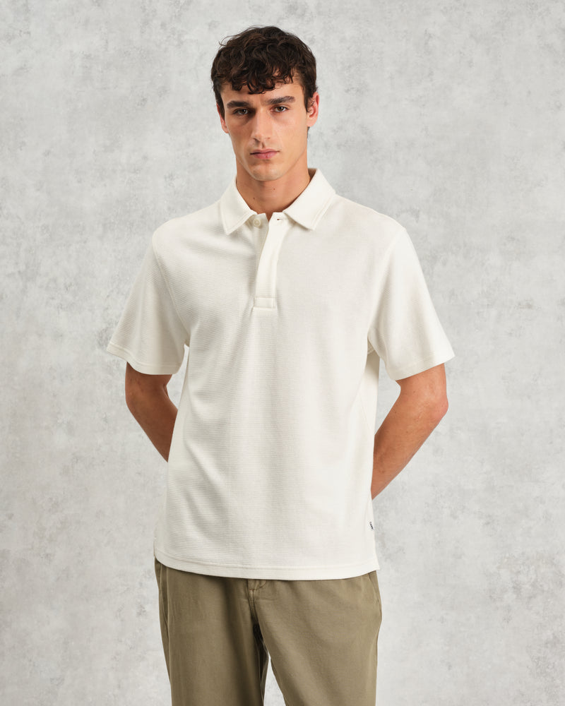 wax london Shore - Ecru Textured Organic Cotton Polo Shirt