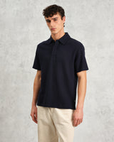 wax london Shore - Navy Textured Organic Cotton Polo Shirt