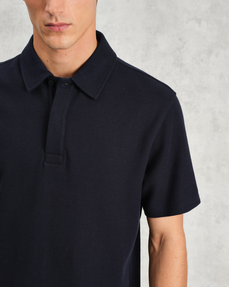 wax london Shore - Navy Textured Organic Cotton Polo Shirt