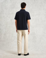 wax london Shore - Navy Textured Organic Cotton Polo Shirt