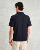 wax london Shore - Navy Textured Organic Cotton Polo Shirt