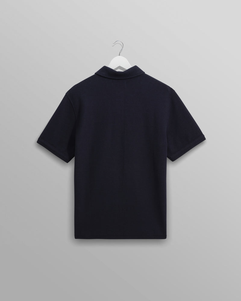 wax london Shore - Navy Textured Organic Cotton Polo Shirt