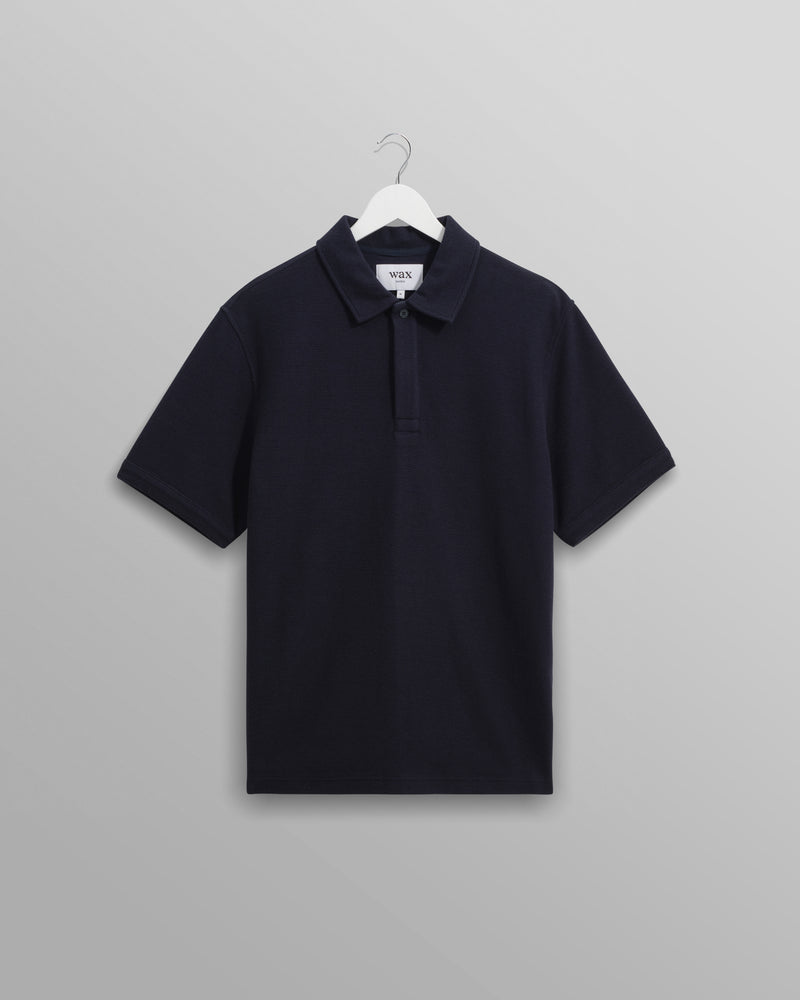 wax london Shore - Navy Textured Organic Cotton Polo Shirt