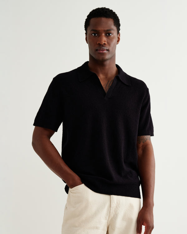 wax london men's Siena - Black Boucle Knitted Polo Shirt