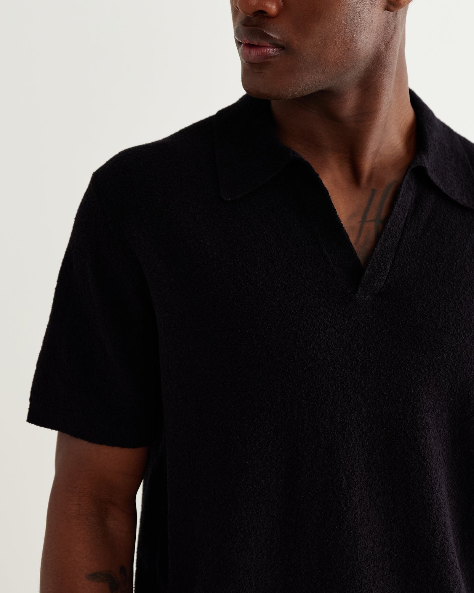 Men's Black Boucle Knitted Polo Shirt | Wax London
