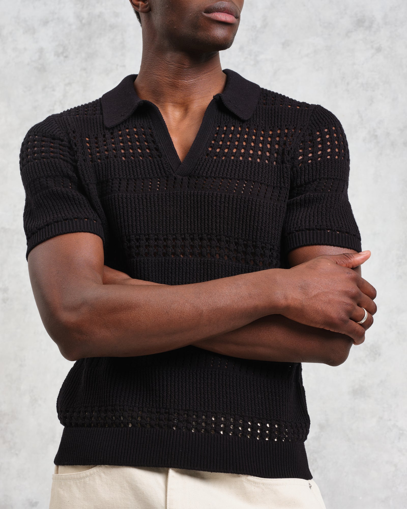 Men's Black Pointelle Knitted Polo | Wax London