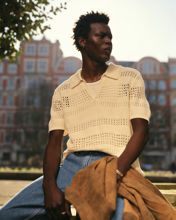 wax london men's Siena - Ecru Pointelle Knitted Polo